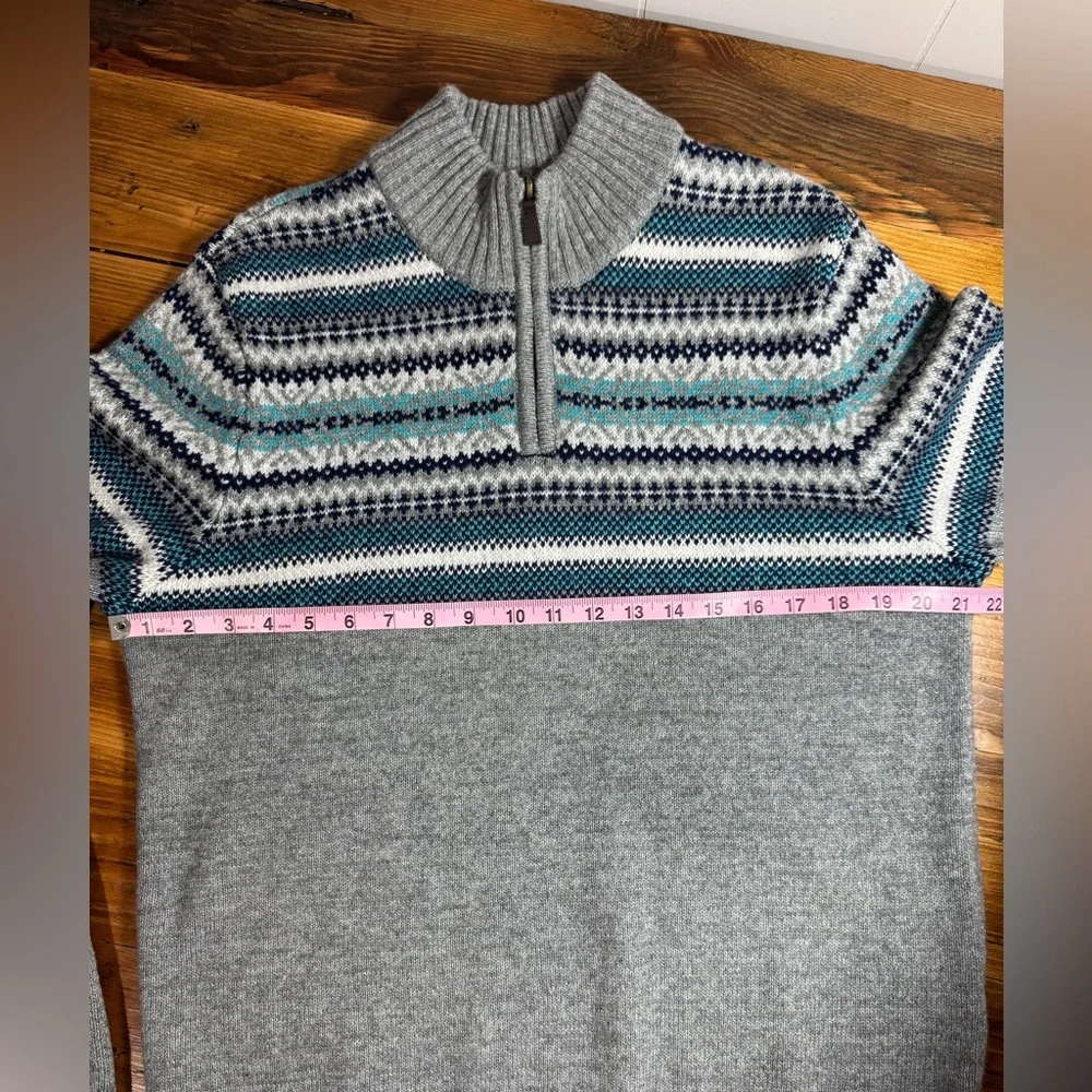 Lands End Men’s Fair Isle Quarter Zip Gray, blue, cotton wool blend Size M 38-40